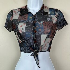 Top Women XS Y2K Retro Grunge Mesh Sheer Patchwork‎ Tie Front Cropped Stretch